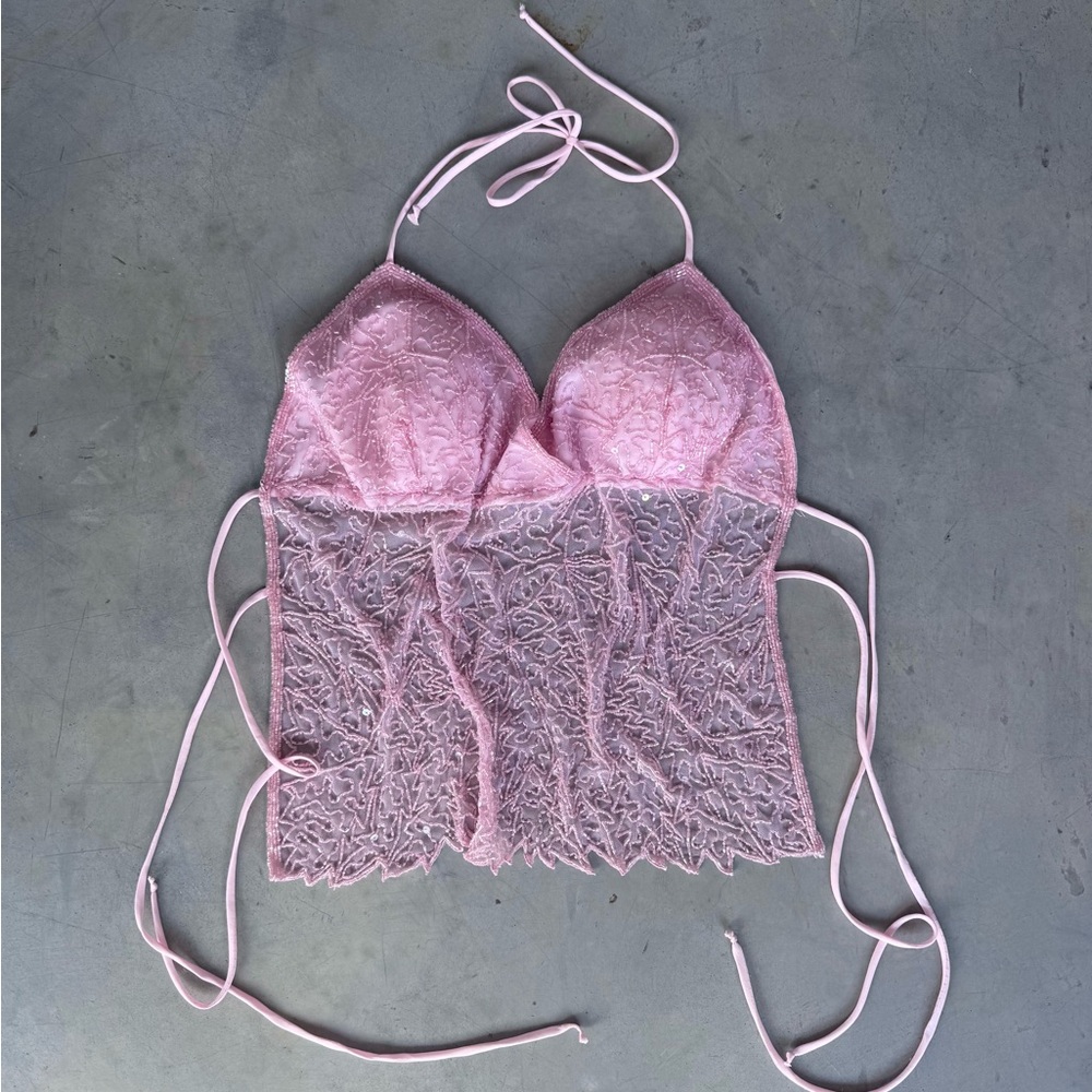 Vintage Y2K beaded pink halter top